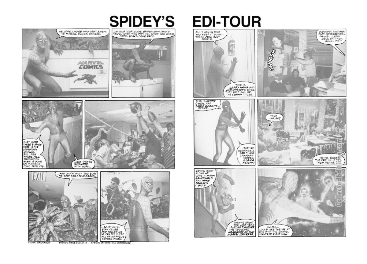 Marvel Fumetti Book #1, pgs. 4-5; photography, Eliot R. Brown; Spidey’s Edi-Tour, Stan Lee
