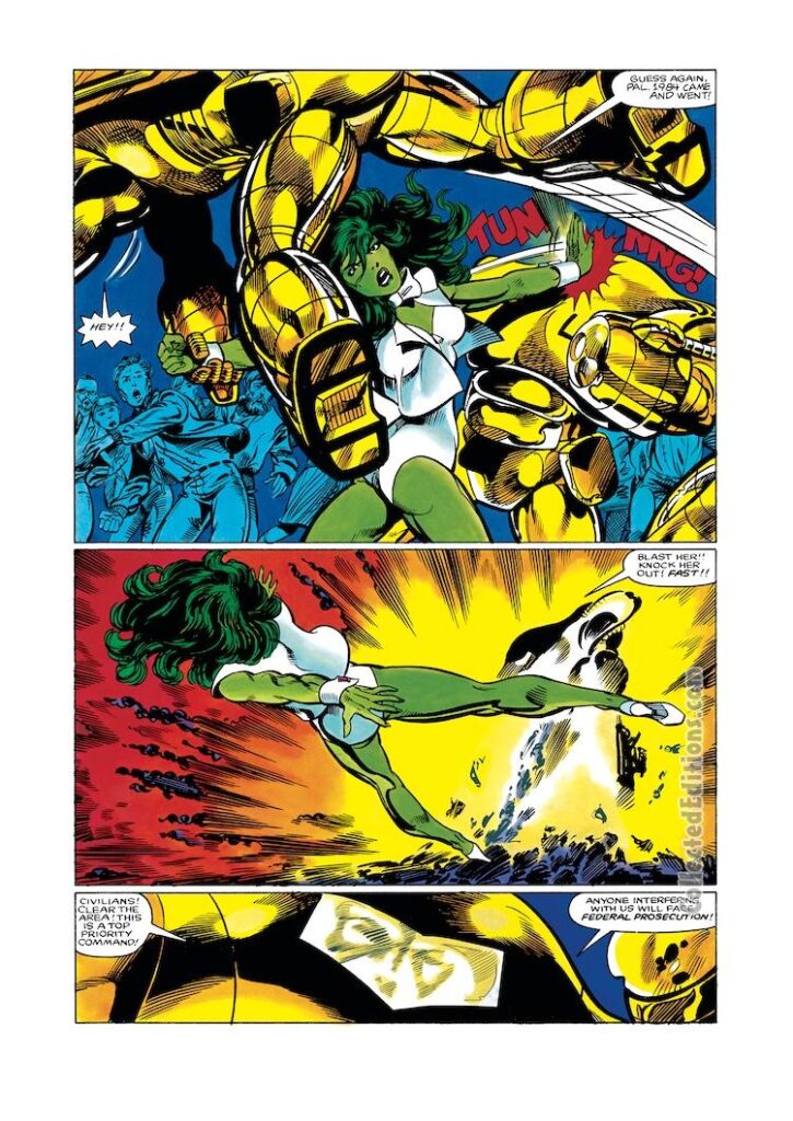 Marvel Graphic Novel #18 – The Sensational She-Hulk, pg. 14; pencils, John Byrne; inks, Kim DeMulder; Jennifer Walters, Mandroids