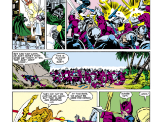 Marvel Graphic Novel #27, pg. 23; pencils and inks, Bob Hall Marvel Graphic Novel #27, pg. 23; pencils and inks, Bob Hall; Emperor Doom, Doctor Doom, West Coast Avengers, Hawkeye, Iron Man, Jim Rhodes, Tigra, Mockingbird