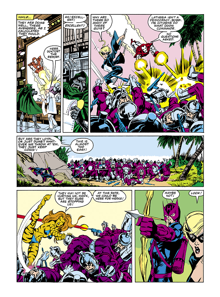 Marvel Graphic Novel #27, pg. 23; pencils and inks, Bob Hall; Emperor Doom, Doctor Doom, West Coast Avengers, Hawkeye, Iron Man, Jim Rhodes, Tigra, Mockingbird