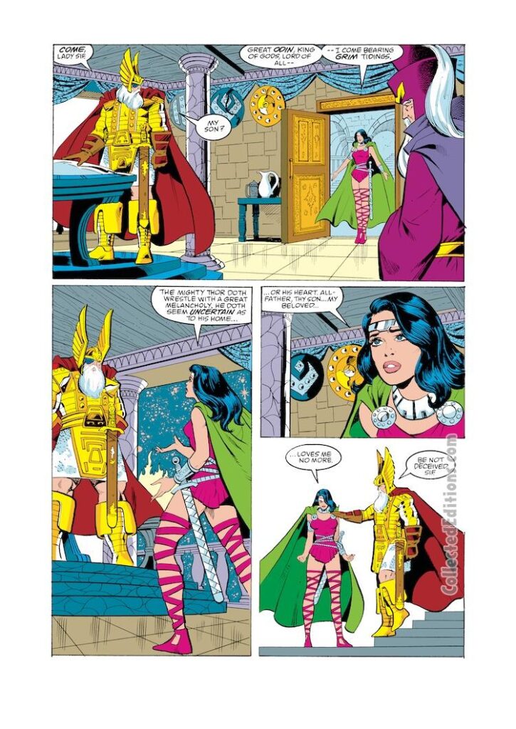 Marvel Graphic Novel #33, “The Mighty Thor: I, Whom the Gods Would Destroy.” Pg. 23, pencils, Paul Ryan; inks, Vince Colletta, Sif, Odin