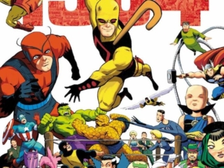 Marvel February 1964 Omnibus HC &ndash;&nbsp;Javier Rodriguez cover dust jacket cover Daredevil yellow costume, billy club, Giant-Man, Watcher, Spider-Man, Betty Brant, Iron Man