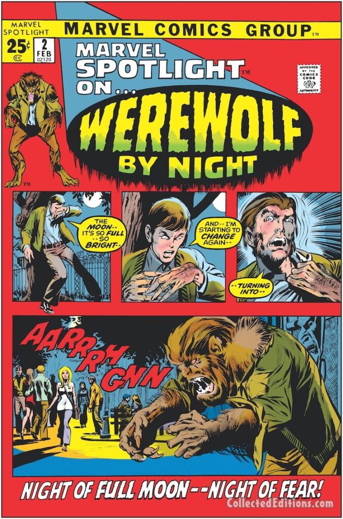 Marvel Spotlight #2 cover; pencils, Neal Adams; inks, Tom Palmer; alterations, John Romita Sr.; Night of Full Moon, Night of Fear, Jack Russell, Werewolf by Night, first appearance