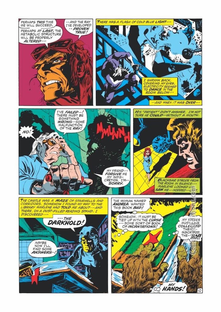 Marvel Spotlight #4, pg. 10; pencils and inks, Mike Ploog; Werewolf by Night, Jack Russell, Miles Blackgar, Marlene Blackgar, Darkhold, Andrea Timly