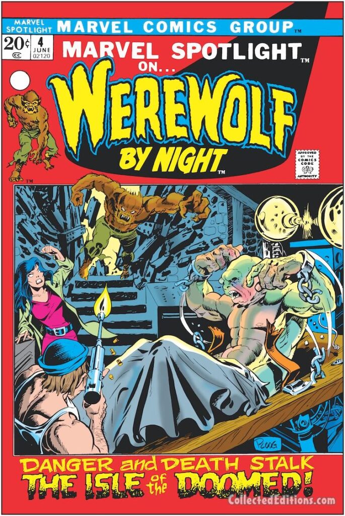 Marvel Spotlight #4 cover; pencils and inks, Mike Ploog; Danger and Death Stalk the Isle of the Doomed, Werewolf by Night