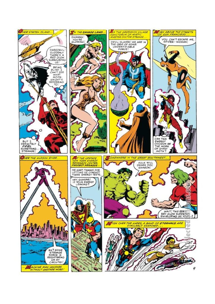 Marvel Super Hero Contest of Champions #1, pg. 9; pencils, John Romita Jr.; inks, Bob Layton, Pablo Marcos; Daredevil, Moon Knight, Shanna, Ka-Zar, Doctor Strange, Devil-Slayer, Spider-Woman, Gypsy Moth, Machine Man, Quasar, Jack of Hearts, Incredible Hulk, Doc Samson, Eternals