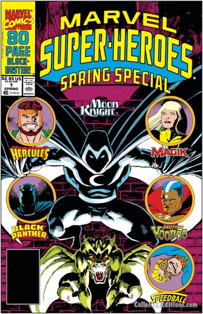 Marvel Super-Heroes #1 cover; pencils and inks, Jim Lee; Spring Special, Moon Knight, Magik, Hercules, Black Panther, Speedball, Marvel Masterworks Brother Voodoo
