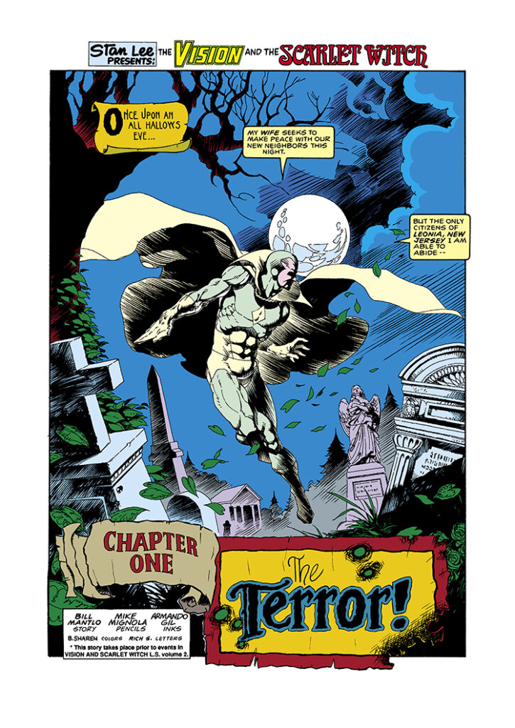 Marvel Super-Heroes #10. Vision and Scarlet Witch in “The Terror”, pg. 2; pencils, Mike Mignola; inks, Armando Gil; Chapter One, Stan Lee Presents, splash page, Bill Mantlo, story