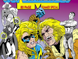 Marvel Super-Heroes #10 cover; pencils, Craig Brasfield; inks, Jeff Albrecht; Scarlet Witch, Vision, Ms. Marvel, Sabretooth, Namor, Sub-Mariner, 80-Page Summer Special