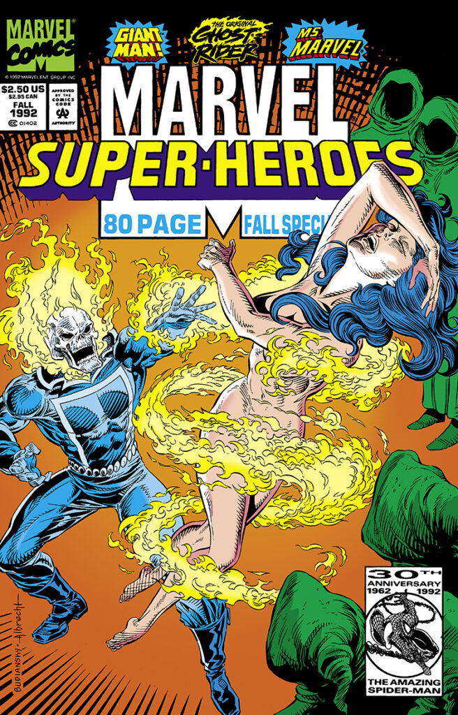 Marvel Super-Heroes (1990) #11 cover; pencils, Bob Budiansky; inks, Jeff Albrecht, 80-page fall special, Johnny Blaze