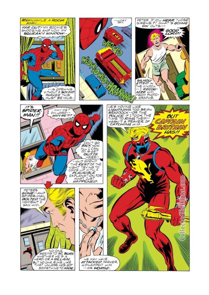 Marvel Team-Up #65, pg. 6; pencils, John Byrne; inks, Dave Hunt; Spider-Man, Captain Britain, Brian Braddock