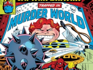 Marvel Team-Up #66 cover; pencils, John Byrne; inks, Frank Giacoia; Spider-Man, Captain Britain, Arcade, First Appearance, Murder World, Brian Braddock, Where Absolutely Everything Can Go Wrong Because It&rsquo;s Planned That Way