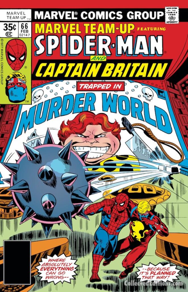 Marvel Team-Up #66 cover; pencils, John Byrne; inks, Frank Giacoia; Spider-Man, Captain Britain, Arcade, First Appearance, Murder World, Brian Braddock, Where Absolutely Everything Can Go Wrong Because It’s Planned That Way