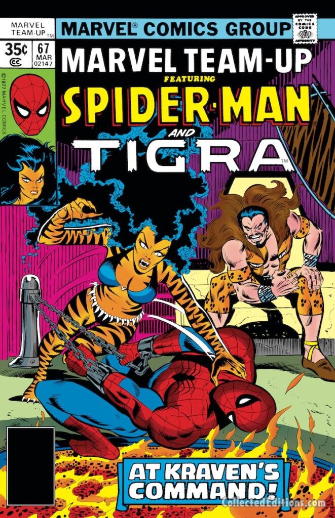 Marvel Team-Up #67 cover; pencils, John Byrne; inks, Joe Sinnott; Spider-Man, TIgra, Kraven the Hunter, At Kraven’s Command