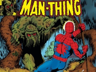 Marvel Team-Up #68 cover; pencils, John Byrne; inks, Joe Rubinstein; Spider-Man, Man-Thing, Dark Swamp, Deep Fear