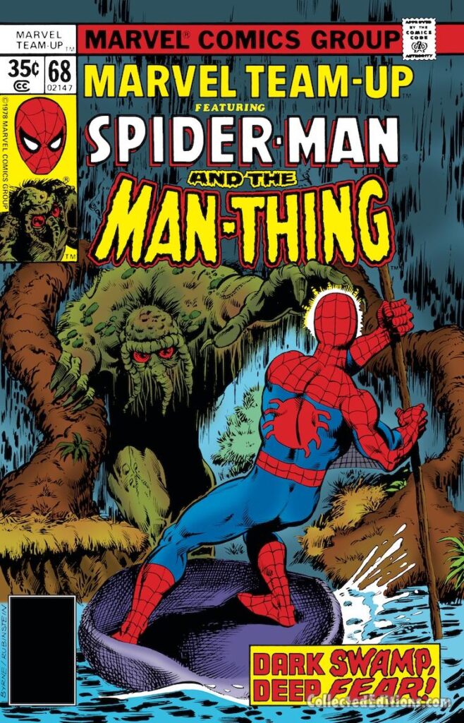 Marvel Team-Up #68 cover; pencils, John Byrne; inks, Joe Rubinstein; Spider-Man, Man-Thing, Dark Swamp, Deep Fear