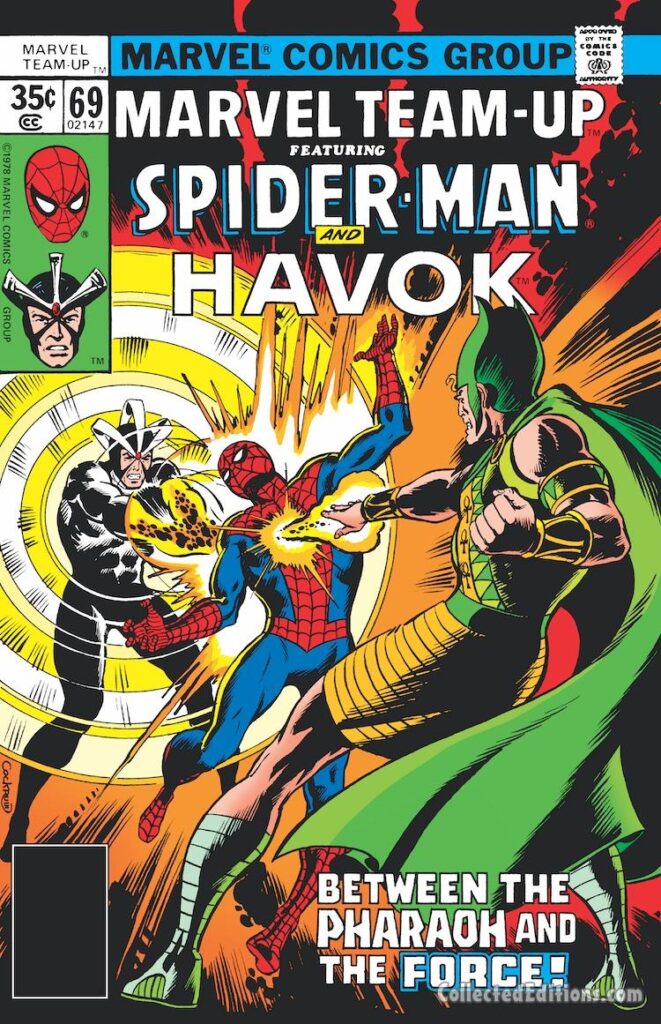 Marvel Team-Up #69 cover; pencils and inks, Dave Cockrum; Spider-Man, Havok, X-Men, Between the Pharaoh and the Force