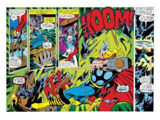 Marvel Team-Up #70, pgs. 10-11; pencils, John Byrne; inks, Tony DeZuniga; Thor, Mjolinr, Living Monolith, double-page spread