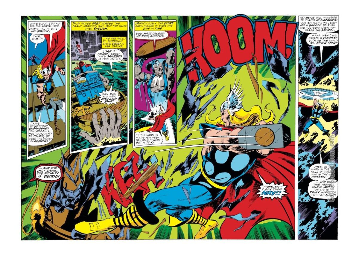 Marvel Team-Up #70, pgs. 10-11; pencils, John Byrne; inks, Tony DeZuniga; Thor, Mjolinr, Living Monolith, double-page spread