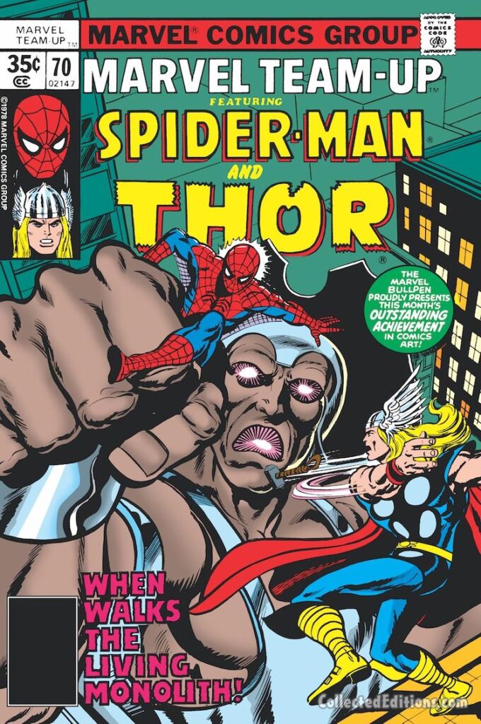 Marvel Team-Up #70 cover; pencils, John Byrne; inks, Tom Palmer; Spider-Man; Thor, When Walks the Living Monolith