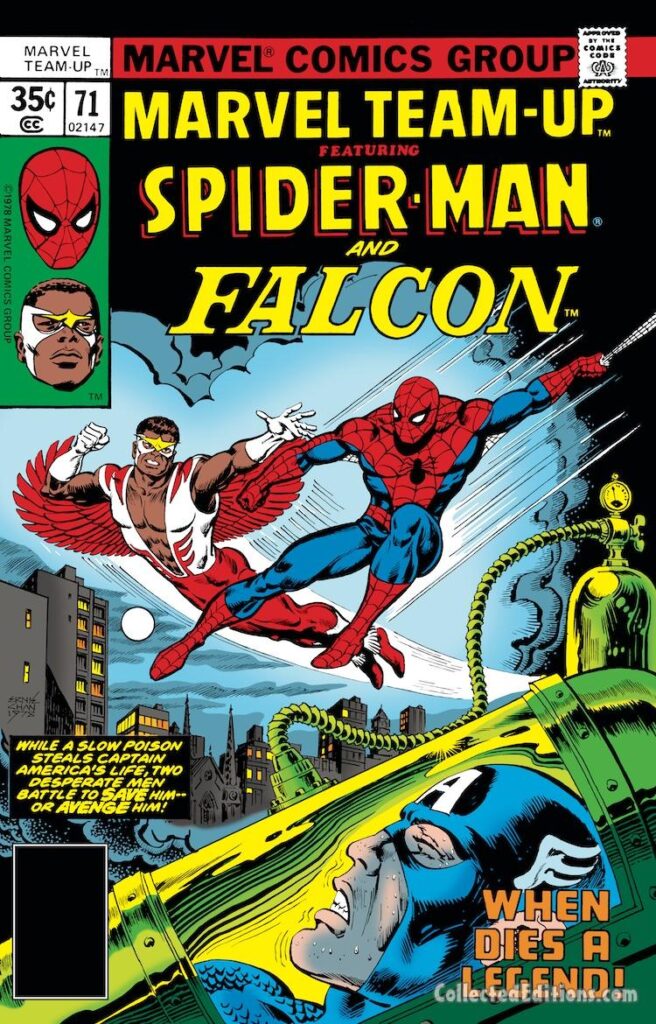 Marvel Team-Up #71 cover; pencils and inks, Ernie Chan; Spider-Man, Falcon, Sam Wilson, Captain America, When Dies a Legend