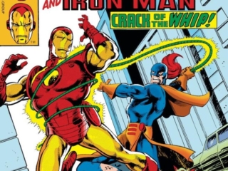 Marvel Team-Up #72 cover; pencils, John Byrne; inks, Bob Layton; Spider-Man, Iron Man, Crack of the Whip, Whiplash