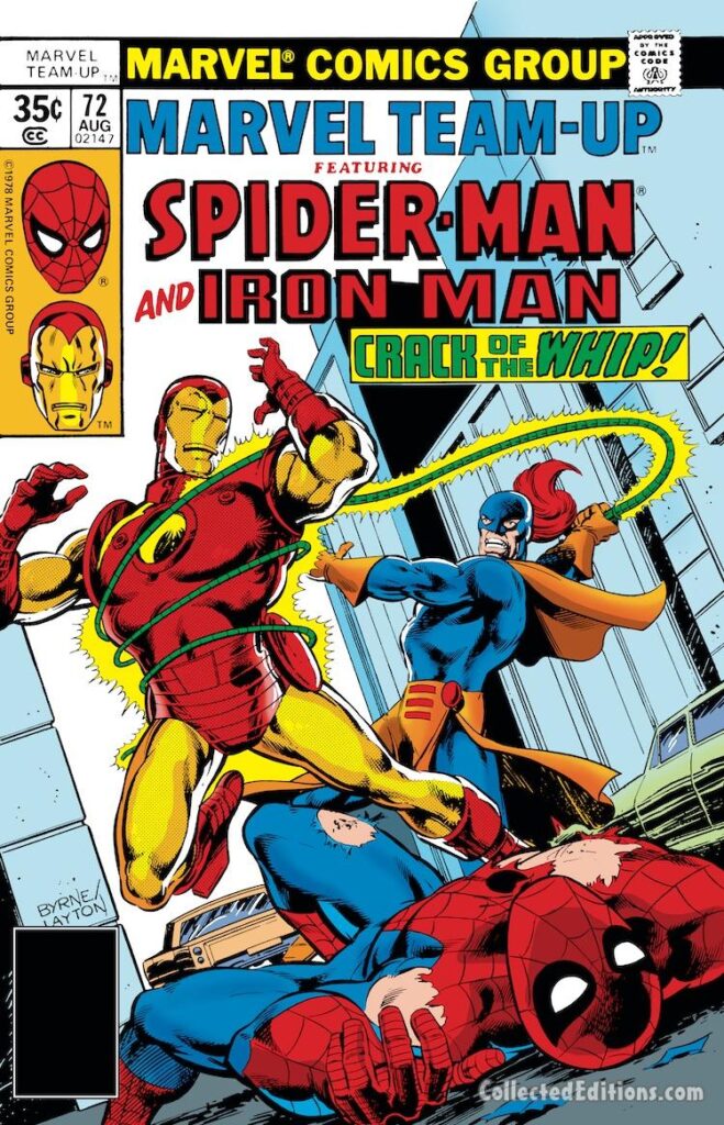 Marvel Team-Up #72 cover; pencils, John Byrne; inks, Bob Layton; Spider-Man, Iron Man, Crack of the Whip, Whiplash