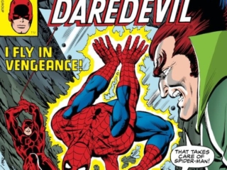 Marvel Team-Up #73 cover; pencils, Keith Pollard; inks, Bob McLeod; Spider-Man, Daredevil, I Fly in Vengeance, The Hands of the Owl