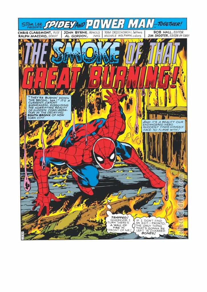 Marvel Team-Up #75, pg. 1; pencils, John Byrne; inks, Al Gordon; The Smoke of That Great Burning, Chris Claremont, Ralph Macchio, Power Man