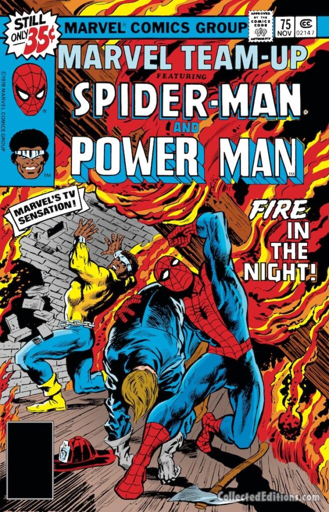 Marvel Team-Up #75 cover; pencils and inks, Bob Hall; Spider-Man, Power Man, Luke Cage, Fire in the Night, Marvel’s TV Sensation