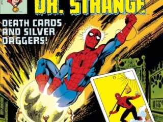 Marvel Team-Up #76 cover; pencils, John Byrne; inks, Terry Austin; Spider-Man, Doctor Strange, Death Cards and Silver Daggers
