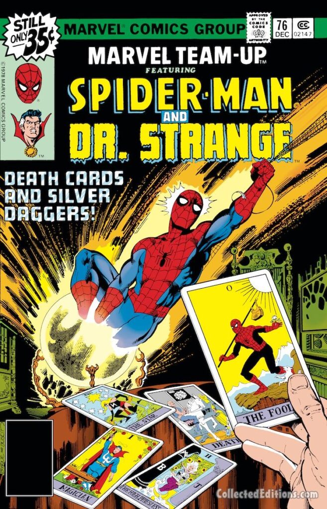 Marvel Team-Up #76 cover; pencils, John Byrne; inks, Terry Austin; Spider-Man, Doctor Strange, Death Cards and Silver Daggers
