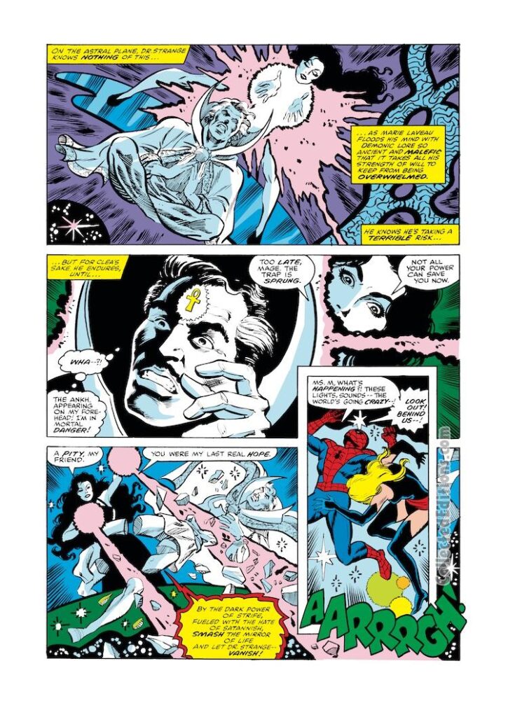Marvel Team-Up #77, pg. 5; layouts, Howard Chaykin; pencils, Jeff Aclin; inks, Juan Ortiz; Doctor Strange, Ms. Marvel, Marie Laveau