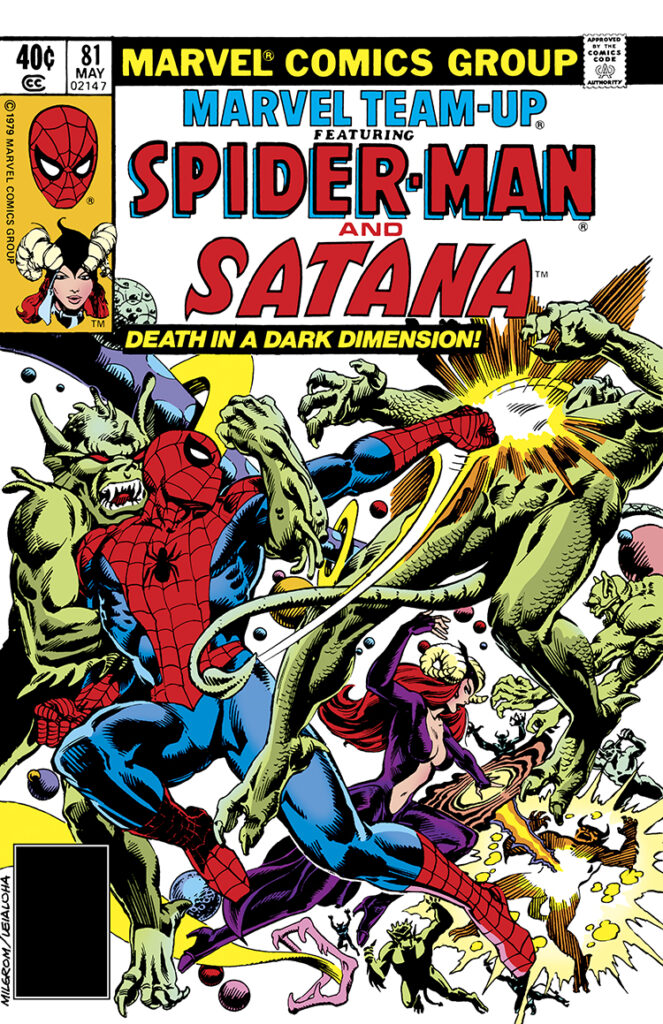 Marvel Team-Up #81 cover; pencils, Al Milgrom; inks, Steve Leialoha; Spider-Man, Satana, Death in a Dark Dimension