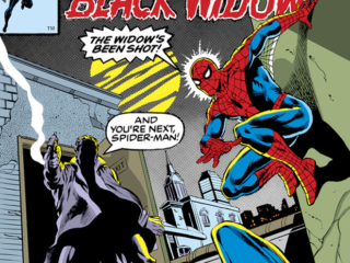 Marvel Team-Up #82 cover; pencils, Rich Buckler; inks, Bob McLeod; Spider-Man, Black Widow, Natasha Romanoff, The Widow&rsquo;s Been Shot and you&rsquo;re next