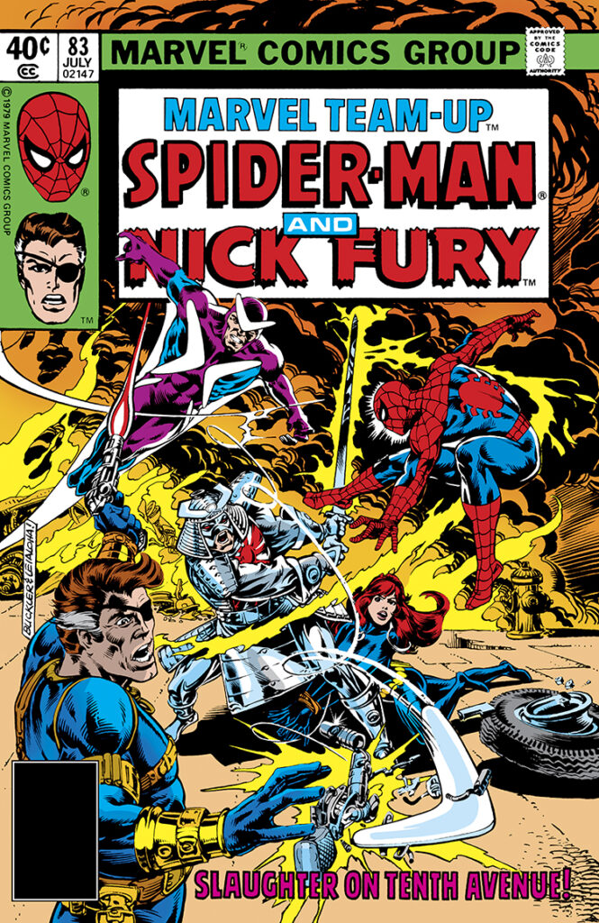 Marvel Team-Up #83 cover; pencils, Rich Buckler; inks, Steve Leialoha; Spider-Man, Nick Fury, Silver Samurai, Slaughter on Tenth Avenue, Boomerang