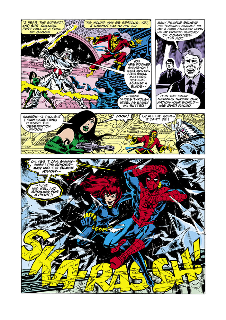 Marvel Team-Up #85, pg. 6; layouts, Sal Buscema; pencils and inks, Steve Leialoha; Spider-Man; Viper, Black Widow; Master of Kung Fu; President Jimmy Carter, Silver Samurai