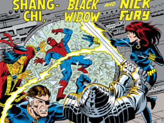 Marvel Team-Up #85 cover; pencils and inks, Al Milgrom; Spider-Man Who Fell to Earth, Silver Samurai, Nick Fury, Black Widow, Shang-Chi, Master of Kung Fu