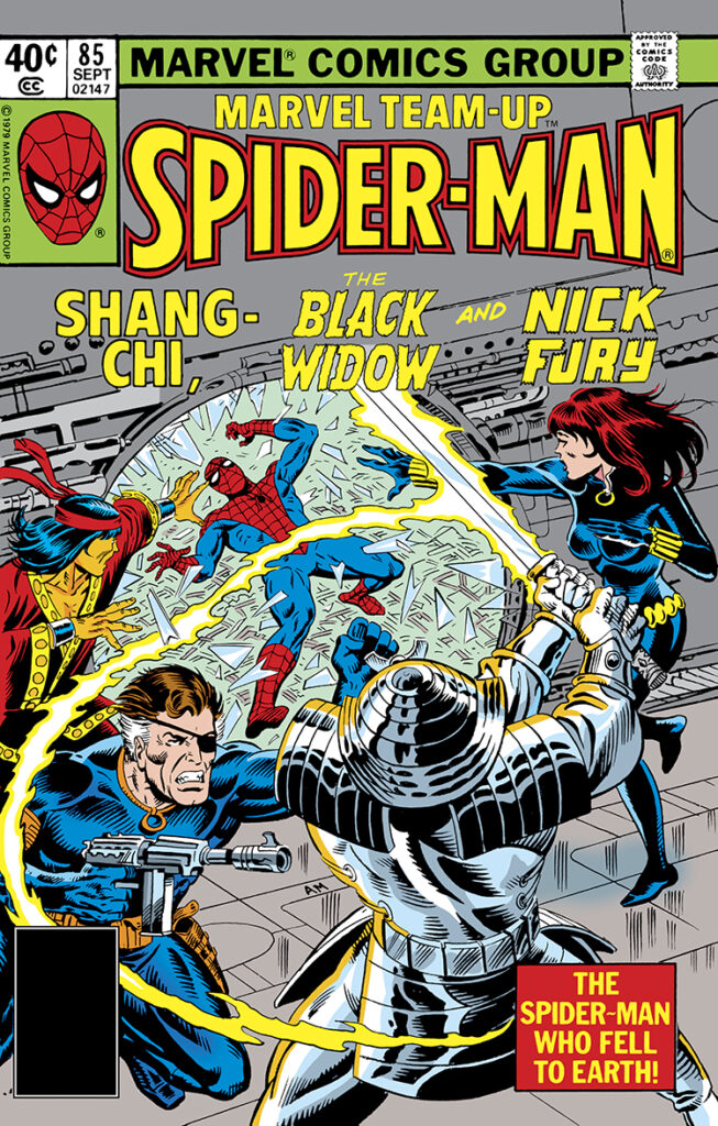 Marvel Team-Up #85 cover; pencils and inks, Al Milgrom; Spider-Man Who Fell to Earth, Silver Samurai, Nick Fury, Black Widow, Shang-Chi, Master of Kung Fu