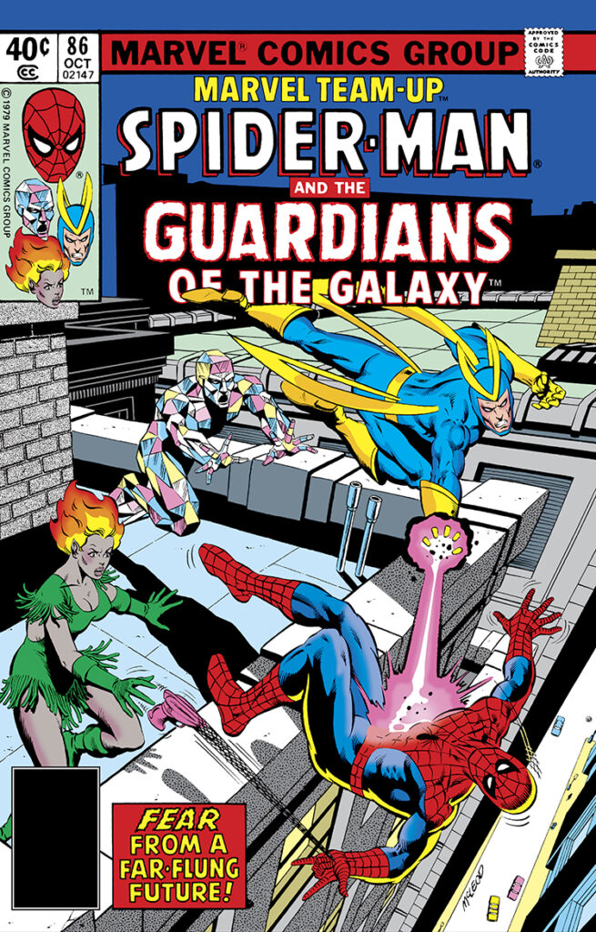 Marvel Team-Up #86 cover; pencils and inks, Bob McLeod; Spider-Man, Guardians of the Galaxy, Starlord, Martinex, Nikki, Fear from a Far-Flung Future