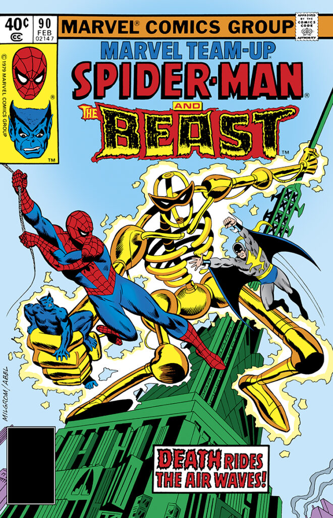 Marvel Team-Up #90 cover; pencils, Al Milgrom; inks, Jack Abel; Spider-Man, The Beast, Avengers/X-Men, Death Rides the Air Waves, Modular Man, Killer Shrike