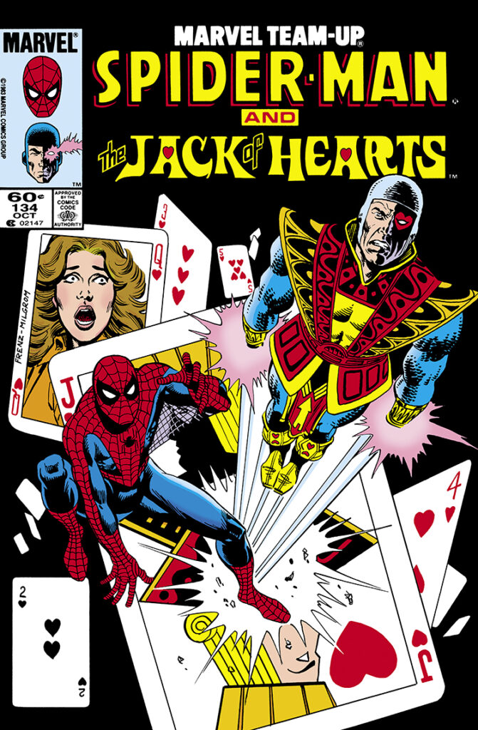 Marvel Team-Up #134 cover; pencils, Ron Frenz; inks, Al Milgrom; Spider-Man, Jack of Hearts, Marcy Kane, playing cards, 2 of hearts, 4 of hearts, queen of hearts