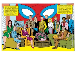 Marvel Treasury Edition #11, pinups; pencils and inks, John Romita Sr. Marvel Treasury Edition #11, pinups; pencils and inks, John Romita Sr.; family portrait, Peter Parker, Gwen Stacy, Harry Osborn, Flash Thompson, Ned Leeds, Betty Brant, Robbie Robertson, J. Jonah Jameson, Aunt May Parker, Aunt Anna Watson, Mary Jane Watson, Uncle Ben Parker, Richard and Mary Parker