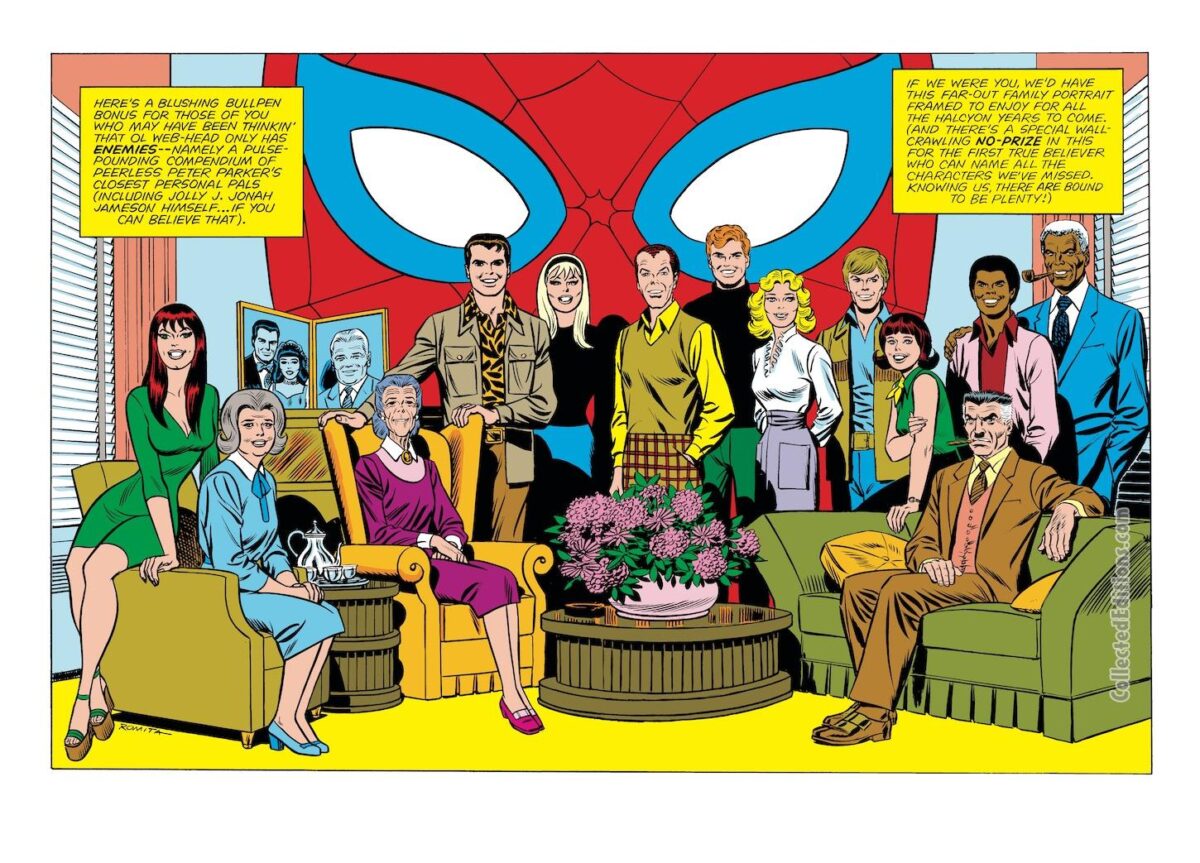 Marvel Treasury Edition #11, pinups; pencils and inks, John Romita Sr.; family portrait, Peter Parker, Gwen Stacy, Harry Osborn, Flash Thompson, Ned Leeds, Betty Brant, Robbie Robertson, J. Jonah Jameson, Aunt May Parker, Aunt Anna Watson, Mary Jane Watson, Uncle Ben Parker, Richard and Mary Parker