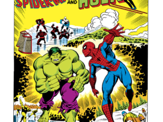 Marvel Treasury Edition #25, pg. 1; pencils, Herb Trimpe; inks, Bruce Patterson; Amazing Spider-Man and Incredible Hulk at the Winter Olympics; All-New, All-Exciting; Lake Placid New York