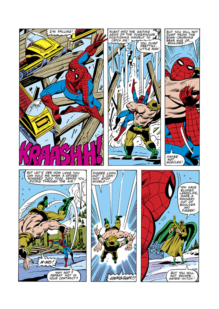 Marvel Treasury Edition #25, pg. 6; pencils, Herb Trimpe; inks, Bruce Patterson; Amazing Spider-Man and Incredible Hulk at the Winter Olympics; Lake Placid New York; Water-Witch