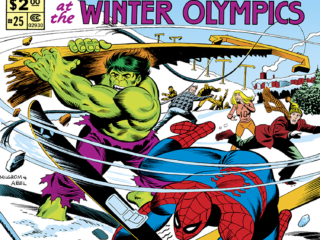 Marvel Treasury Edition #25 cover; pencils, Al Milgrom; inks, Jack Abel; Spider-Man vs. Hulk at the Winter Olympics; All-New, All-Exciting; Lake Placid New York