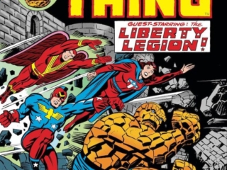Marvel Two-In-One Annual #1 cover; pencils, Jack Kirby; inks, Joe Sinnott; Thing, Liberty Legion, Whizzer, Miss America, Red Raven, Patriot