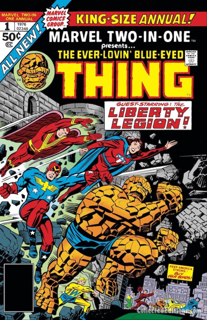 Marvel Two-In-One Annual #1 cover; pencils, Jack Kirby; inks, Joe Sinnott; Thing, Liberty Legion, Whizzer, Miss America, Red Raven, Patriot