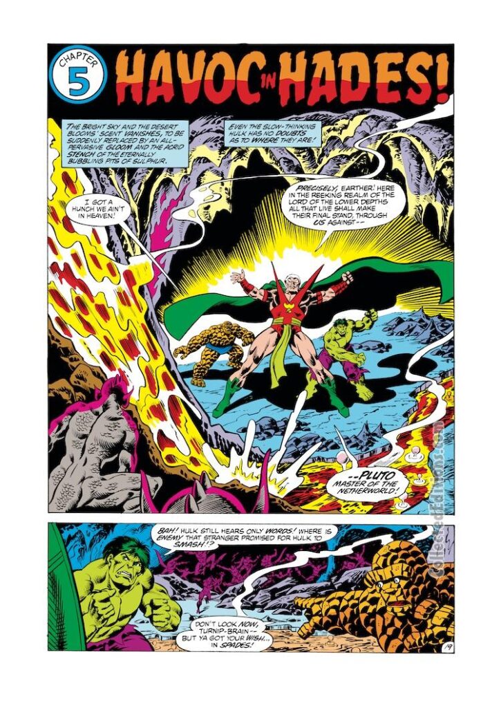 Marvel Two-In-One Annual #5, pg. 19; layouts, Alan Kupperberg; pencils and inks, Pablo Marcos; Chapter 5: Havoc in Hades, Incredible Hulk, Thing, Ben Grimm, The Stranger